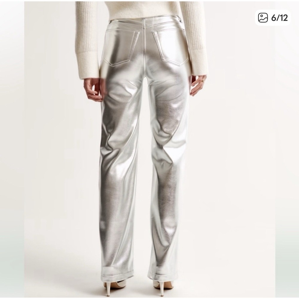 Abercrombie & Fitch 90's Straight Y2K Ultra High Rise Silver Vegan Leather Pants - Picture 2 of 4